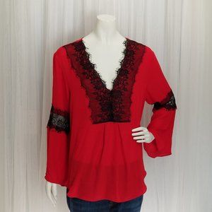 NY & Co. V-Neck Bell Sleeve Blouse Red XL